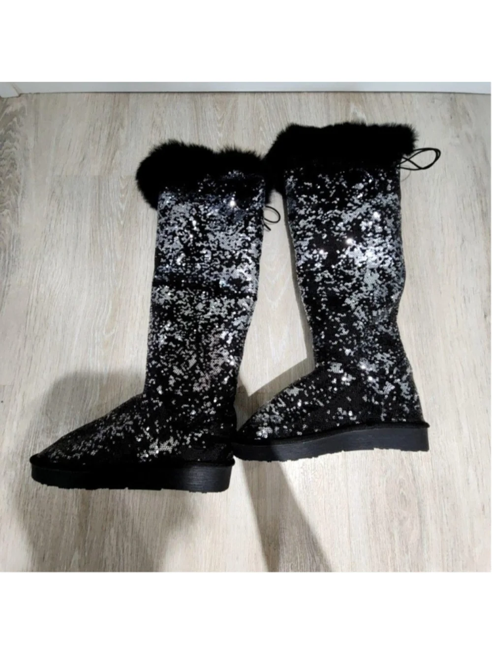 Sequin Snow Boots Womens 8 Black Over The Knee Faux Fur Wedge Winter Party